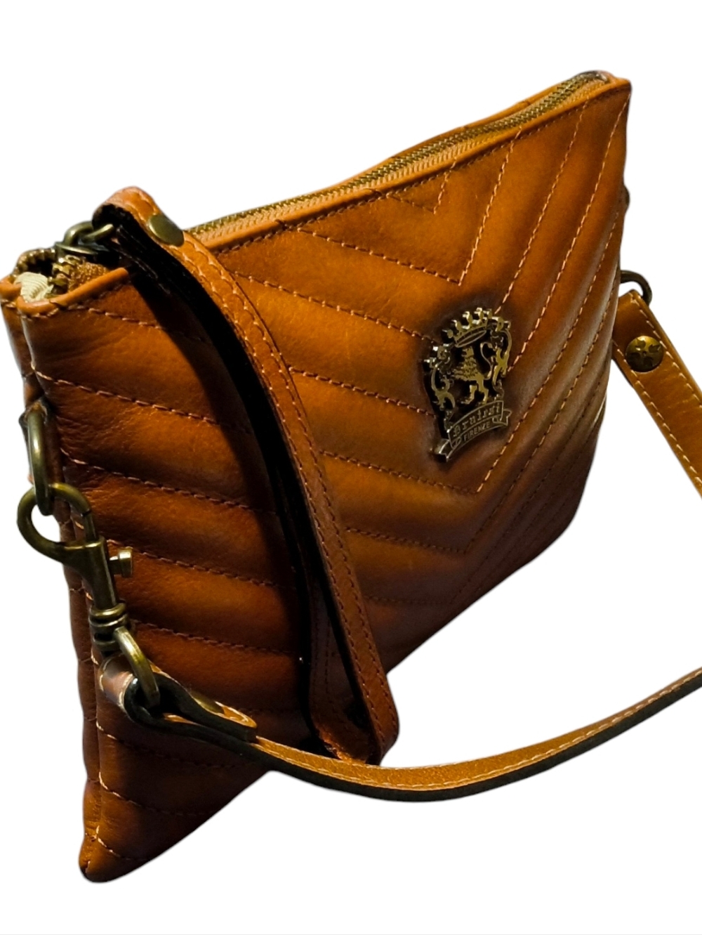 Pratesi Firenze Quilted Italian Leather Crossbody Clutch in Cognac Brown - Picture 3 of 9